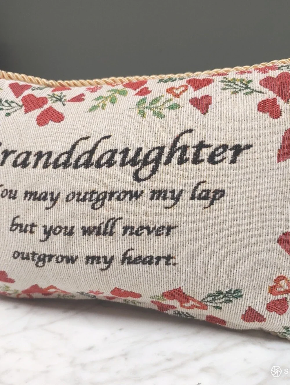 Vtg Granddaughter Tapestry Rectangle floral hearts cream red zip cottage pillow